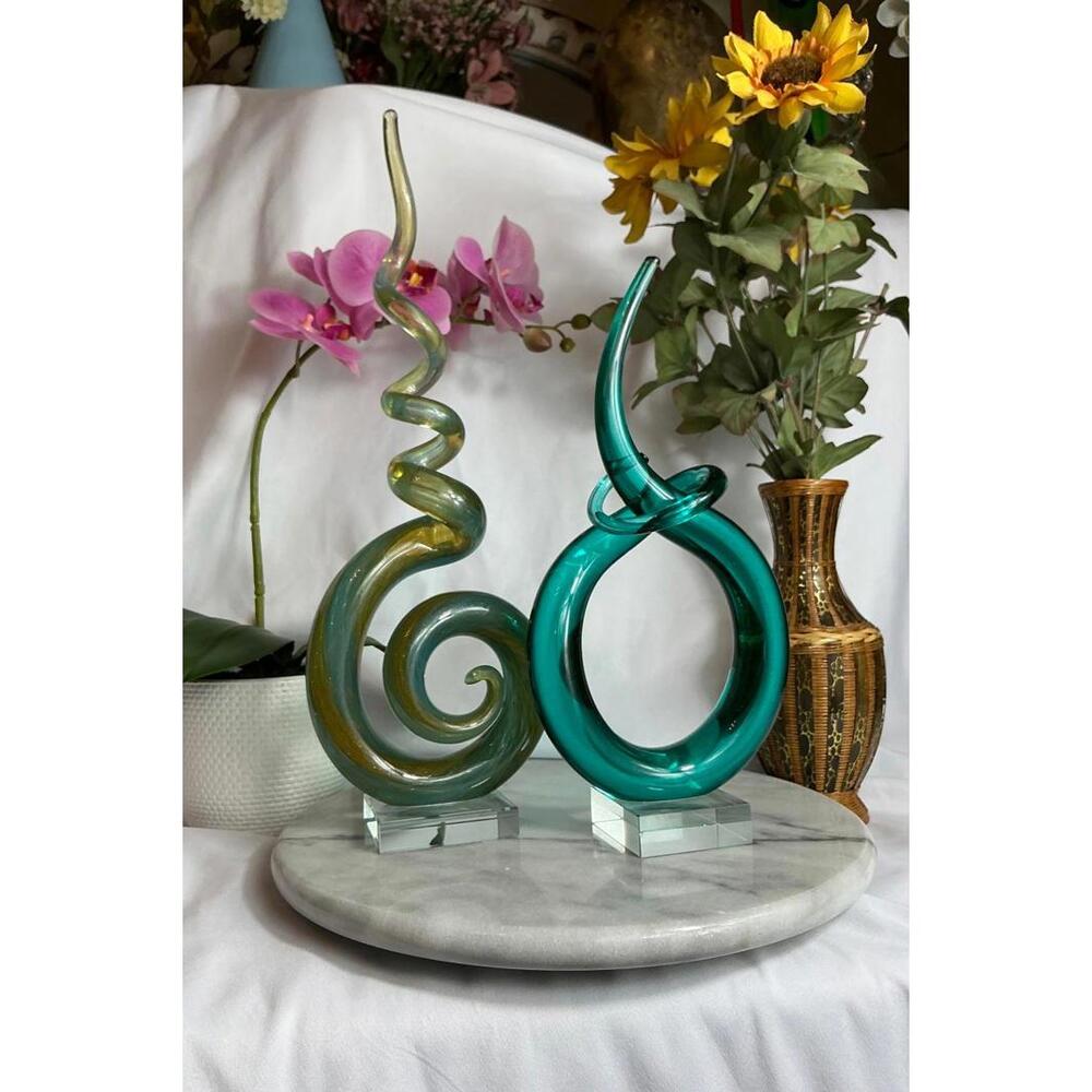 Swirl Glass Sculptures Art Glass Hand Blown Bubble Glass Abstract Blues Greens